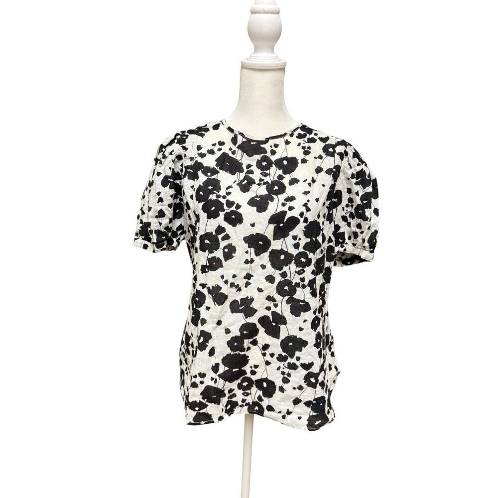 Worthington Linen Blend Floral Puff Sleeve Blouse Black White Size M